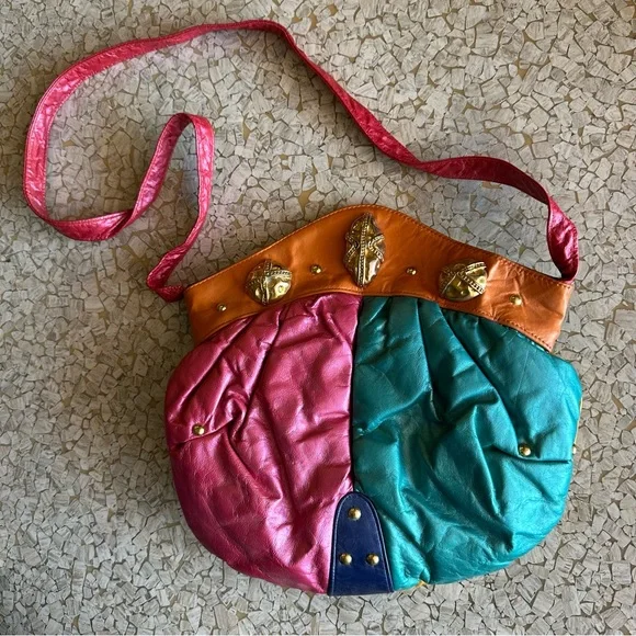 Colorblock Leather Shoulder Bag in Pink, Teal & Orange vintage - Picture 1 of 5